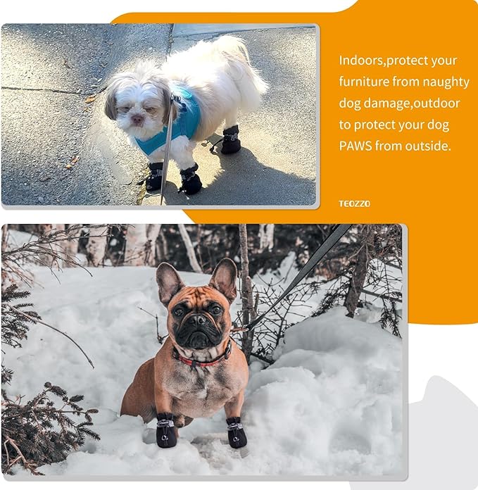 Dog Shoes Dog Boots & Paw Protector, Anti-Slip Sole Winter Dog Booties with Reflective Straps Dog for Small Medium Dogs 4PCS (Black, Size 7: 2.16"(Width))