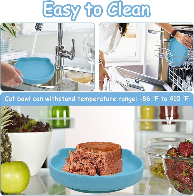 Silicone Cat Food Bowl Suction Cup Cat Dish 7" Shallow Cats Food & Water Bowls Set of 2 Non-Slip Kitty Plates Relief Whisker Fatigue Puppy Feeding Bowl for Dry & Wet Food (Blue)