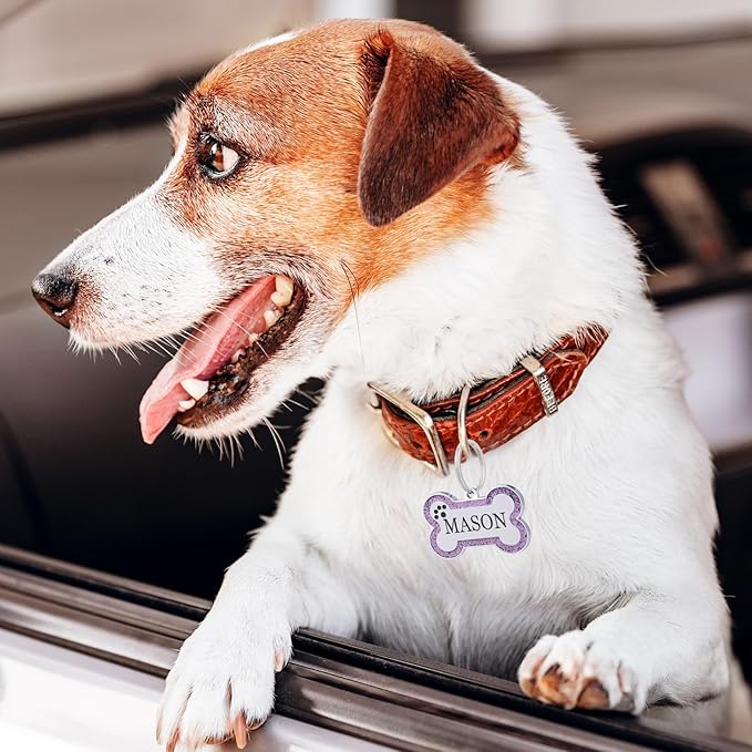 Personalized Dog Tags - Stainless Steel Deep Engraved Glitter Bone Shape Pet ID Tag, Double Sided Custom Text, Lightweight Durable Cat Dog Name Tag (Purple, S)