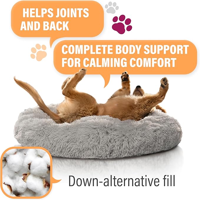 Active Pets Calming Plush Dog Bed Donut Joint Support Anxiety Relief Washable Pet Bed with Removable Cover for Dogs Cats, Large 36", Beige