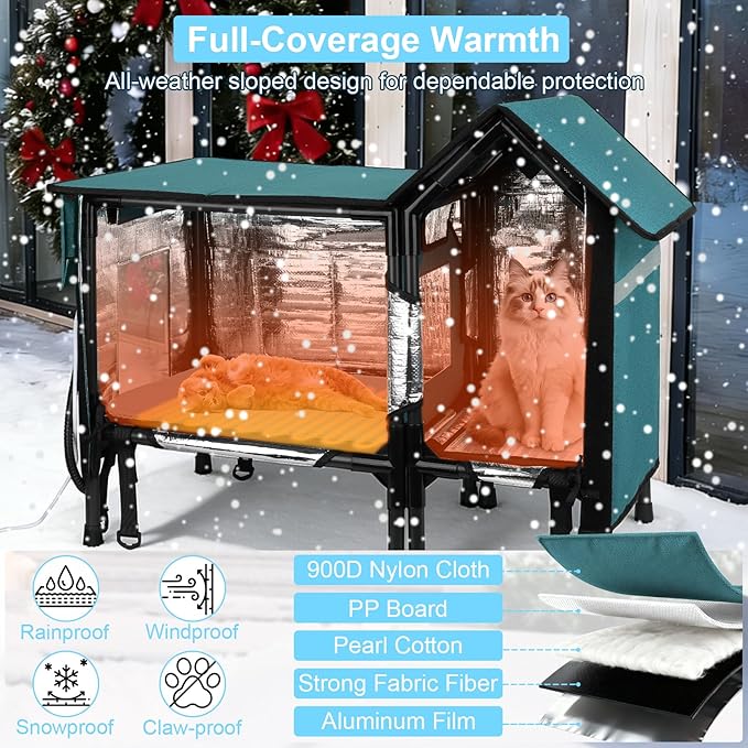 Heated Cat House for Outside Cats- 100% Weatherproof Insulated Outdoor Cat House with Heating Pad, Elevated Base & Safe Escape Door, Warm Kitty Shelter for Feral or Stray Cats in Winter