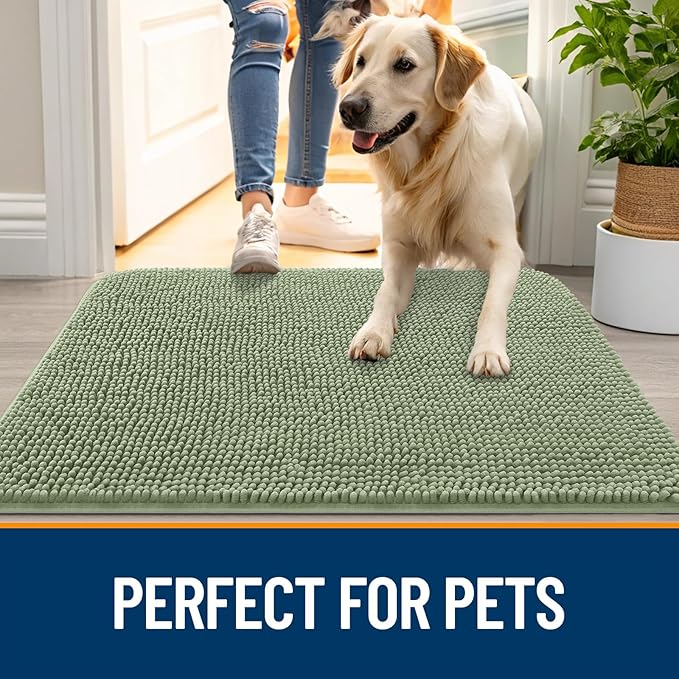 OLANLY Dog Door Mat for Muddy Paws 44x32, Absorbs Moisture and Dirt, Absorbent Non-Slip Washable Doormat, Quick Dry Chenille Mud Mat for Dogs, Entry Indoor Entryway Carpet for Inside Floor, Sage Green