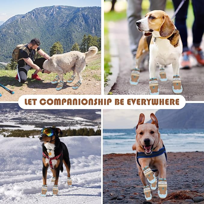 ODRIEW Dog Shoes Large Size Dogs, 4PCS Breathable Mesh Dog Boots & Paw Protectors for Hot Pavement, Small Shoes for Dogs with Reflective Strip, Anti-Slip Sole for Outdoor Walking Hiking. (Khaki, 5)