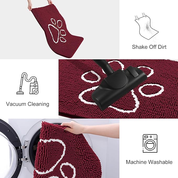 Smiry Dog Door Mat for Muddy Paws, Absorbent Dirt Trapper Non Slip Quick Dry Washable Chenille Mat for Mud Dogs, Entry Rug for Indoor and Outdoor (36x24 Inches, Burgundy and White)