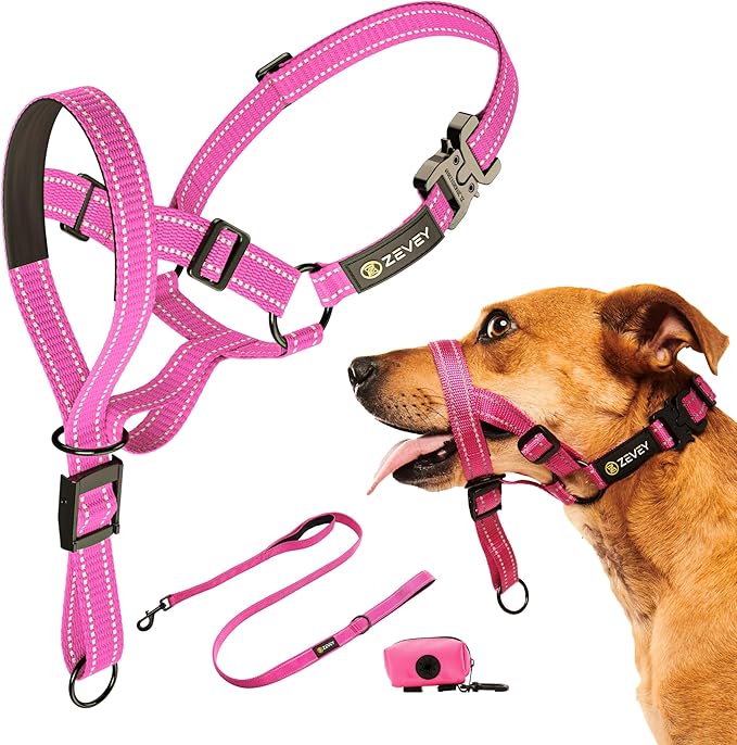 Dog Headcollar with Leash and Safety Strap Stops Heavy Pulling On The Leash Padded Reflective Head Halter for Small Medium Large Dogs Adjustable Head Harness for Training and Walking, (S, Pink)