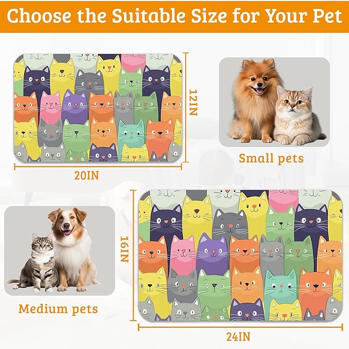 Cute Colorful Cats Dog Food Mat,Absorbent Pet Feeding Mat for Food and Water Bowl,Quick Dry Dog Placemat Non Slip Rubber Backing Waterproof Pet Supplies 16" x 24"