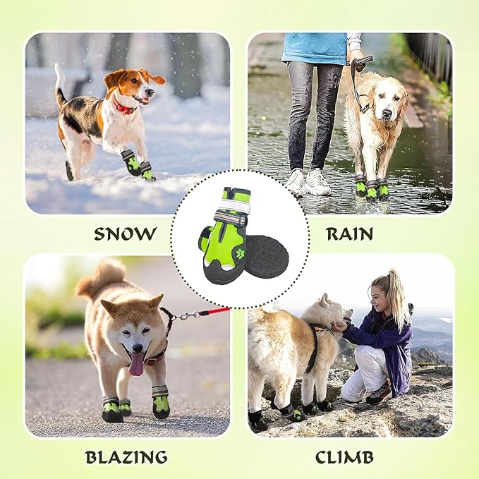 Dog Shoes for Large Dogs, 360°Anti Slip Medium Dog Boots & Paw Protectors Winter Snowy, Waterproof 4Pcs Dog Booties with Reflective Strips (Size 6: 2.56''x3.07''(W*L), Green)