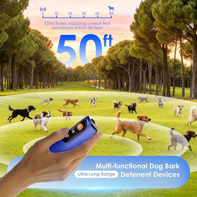 Dog Bark Deterrent Device, 50FT Range Ultrasonic Anti-Barking Tool for Training - Safe & Effective, Rechargeable Blue Handheld with LED for Indoor/Outdoor, Humane No-Collar Alternative