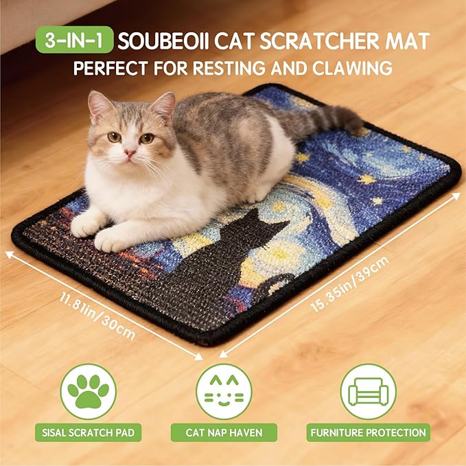 3-in-1 Sisal Cat Scratcher Mat 15x12 Inch – Art Cat Wall Scratcher with Adhesive Tape for Indoor Cats, Durable Wall Mounted Cat Scratch Pad to Protect Couch and Carpet（Starry Night