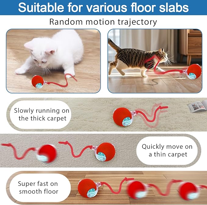 Moterej Interactive cat Toys for Indoor Cats, Speedy Tail 3.0 Cat Toy, Motion Activate cat Toy Ball，Automatic Toys for Bored Indoor Cats, Speedy Tail 2.0 Cat Toy, Rechargeabl(Red)