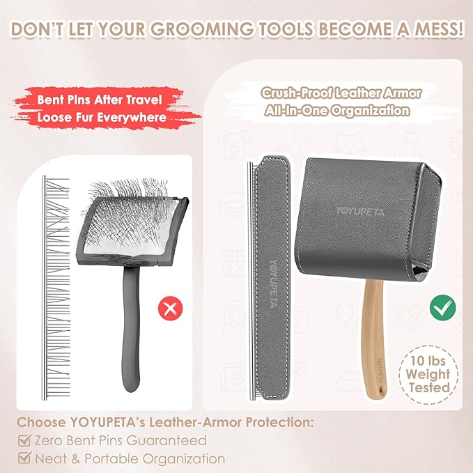 Large Long Pin Slicker Brush & Comb for Poodles, Goldendoodles & Cockapoos, Long Hair Dogs & Cats, Detangler Brush for Shedding & Matted Fur, Ergonomic Wooden Handle, Leather Sleeves. Natural