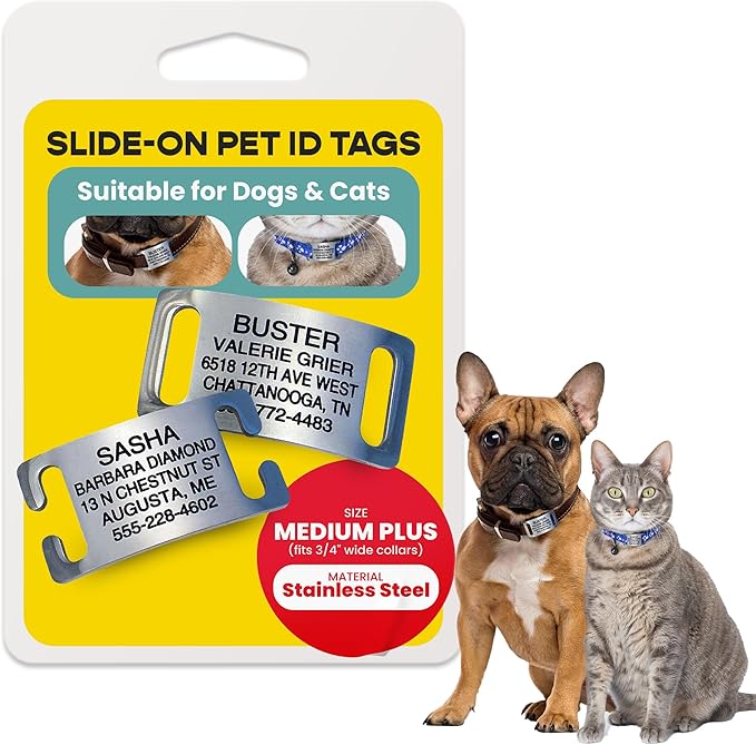 LuckyPet Slide-On Pet ID Tags - Dog Tags Personalized - Durable Engraved Stainless Steel Pet Name Tags - Noiseless Dog Tag - Suitable for Dogs and Cats - Fits 3/4 in Collars - Medium Plus, Open Ends