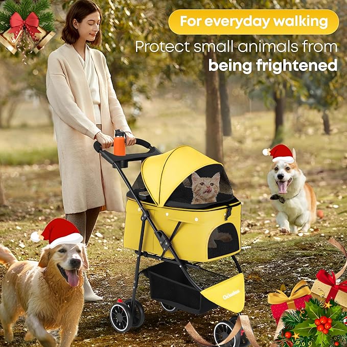 Pet Stroller,Dog Stroller for Small Medium Dogs Cats,3 Wheels,Foldable,with Breathable Mesh Canopy,Cup Holders,Easy Assembly,Yellow