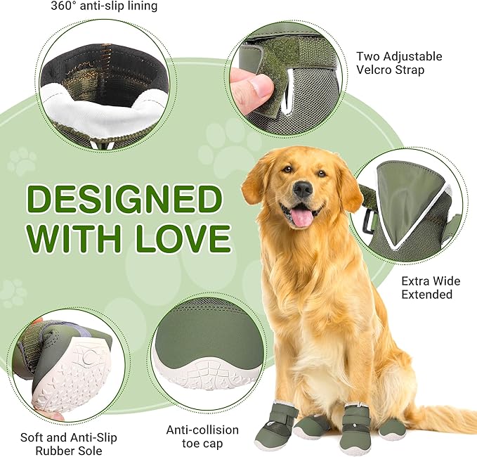 DcOaGt Dog Shoes Mesh Breathable Dog Booties for Hot Pavement Summer with Anti-Slip Sole,Dog Boots Paw Protectors for Small Medium Puppy for Winter Snow Rain Hiking,Military Green 4PCS(Size 4)