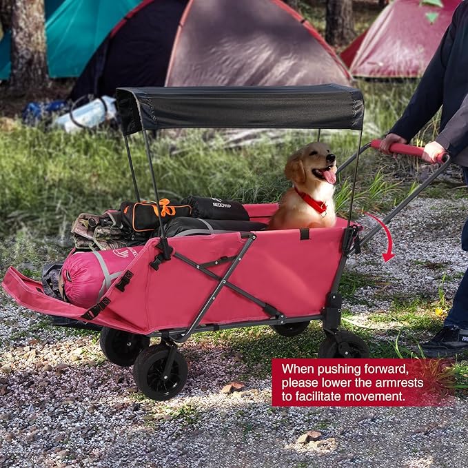 REDCAMP Folding Dog Wagon Cart with Removable Canopy Heavy Duty, 220L Large Collapsible Utility Cart Dog Stroller with Tailgate for Sports Shopping Pet, Pink