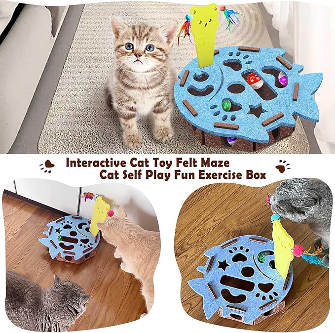 Interactive Felt Cat Maze Box with Cartoon Cat-Shaped Post, Fish-Shaped Puzzle ExerciseHide Seek Moving Toy for Cats, Mental Enrichment Self-Play Toy Encourages Hunting Instincts with 4 Balls