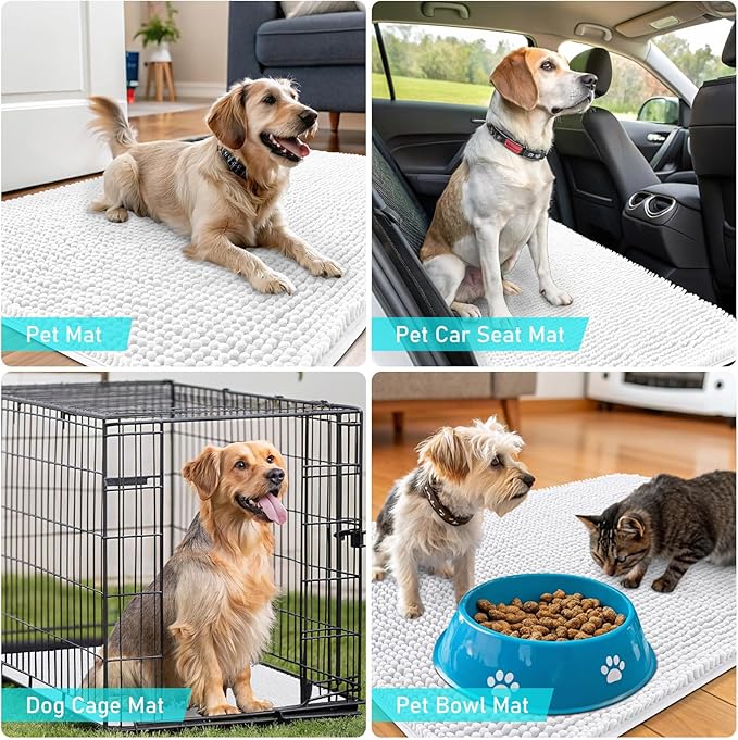 OLANLY Dog Door Mat for Muddy Paws 44x32, Absorbs Moisture and Dirt, Absorbent Non-Slip Washable Doormat, Quick Dry Chenille Mud Mat for Dogs, Entry Indoor Entryway Carpet for Inside Floor, White