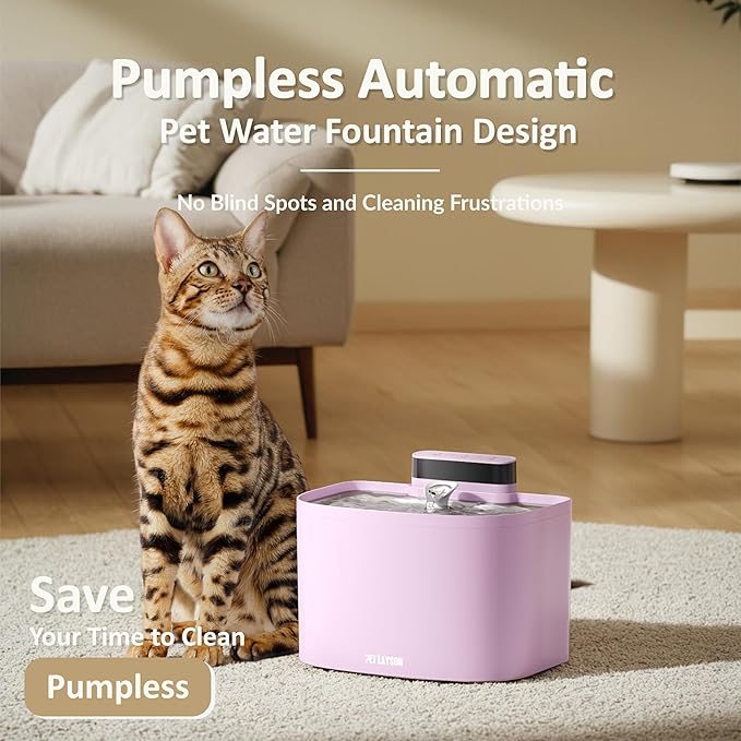 PET LAYSON Pumpless Cat Water Fountain, Smart Cordless Fountains Battery Operated, 3.6L/122oz with Maglev Valve Technology Rechargeable Water Dispenser for Cat &Dog, 2 Filters,2 Nozzles(Pink01, M1)