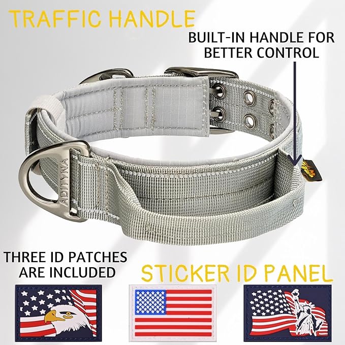 ADITYNA Heavy Duty Dog Collar for Large Dogs - Reflective Gray Collar with Handle for Training, and Walking - Wide, Thick, Tactical, Soft Neoprene Padded