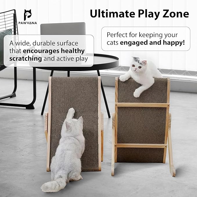 Cat Scratching Board, 3-Position Corrugated Cardboard Cat Scratcher & Lounger with Natural Wood Frame. Large Cats Scratch Pad & Bed for Kittens & Adults. Cat Enrichment & Furniture Protector