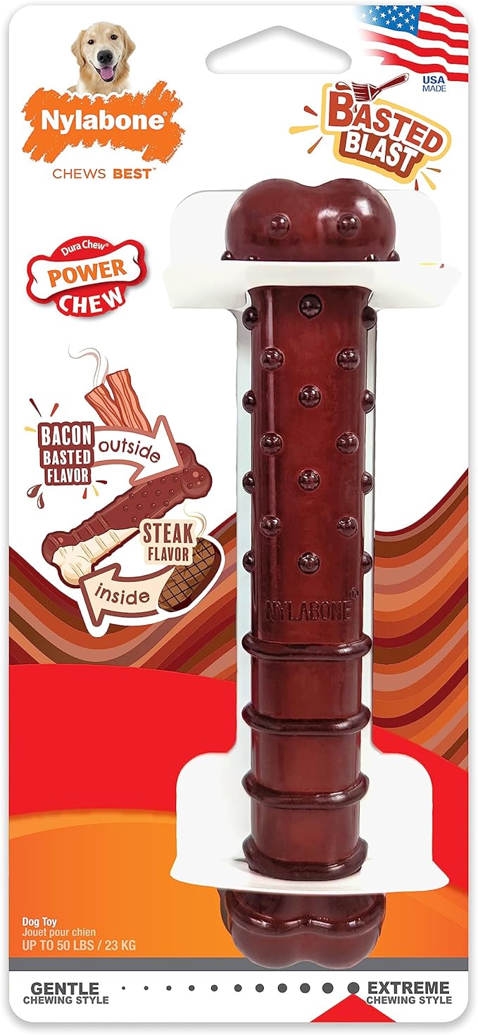 Nylabone Textured Bone Power Chew Toy for Dogs, Durable & Tough Dog Toys for Aggressive Chewers, Basted Blast Bacon and Steak Flavor, Large Dogs - Up to 50 lbs, 1 Count