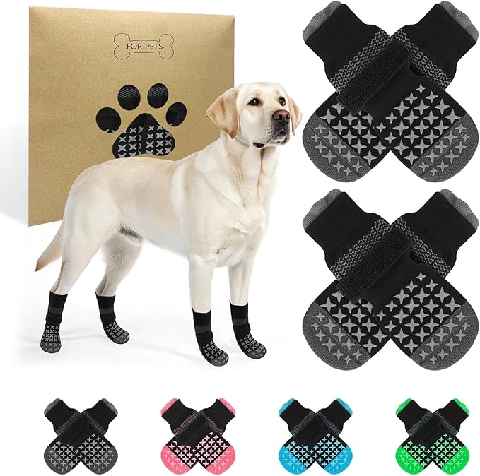 SCENEREAL Anti Slip Dog Socks to Prevent Licking Paws, Dog Booties & Paw Protectors for Hot Pavement Hardwood Floors, Traction Control for Small Medium Large Senior Dogs, Grey L