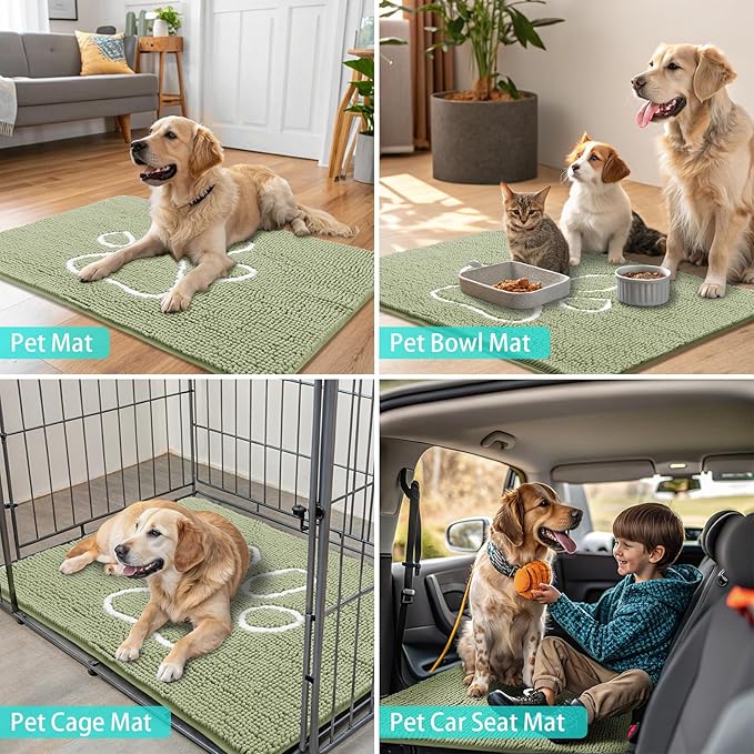 Smiry Dog Door Mat for Muddy Paws, Absorbent Dirt Trapper Non Slip Quick Dry Washable Chenille Mat for Mud Dogs, Entry Rug for Indoor and Outdoor (30x20 Inches, Sage Green and White)