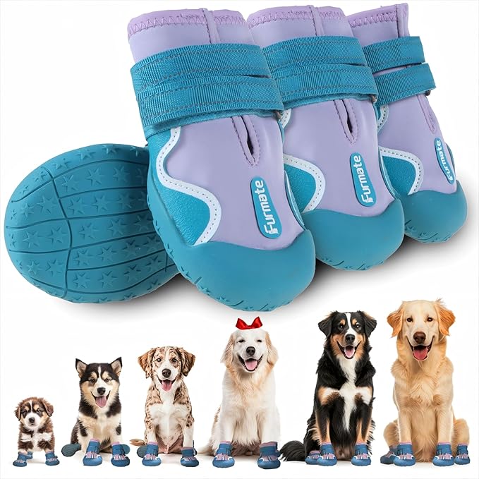 Furmate Dog Shoes for Large Small Medium Dogs,Dog Booties for Indoor Hardfloors Anti-Slip,Reflective Strip Waterproof Dog Boots & Paw Protectors for Outdoor Walking Hot Pavement,Winter Snow (Purple-3)