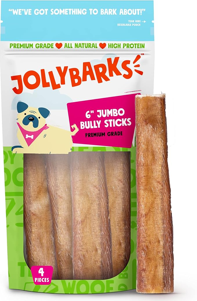 Jolly Barks 6 Inch Bully Sticks for Large Dogs (4 Pack) All Natural, Single Ingredient Bully Sticks for Medium Dogs, Aggressive Chewers