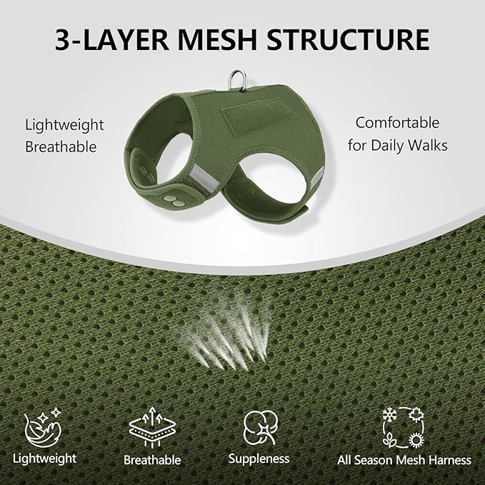Dog Harness for Puppy – Adjustable Reflective Easy Put On Soft Mesh Vest for Small Dogs with 2 Patches (Misty Green,XS)
