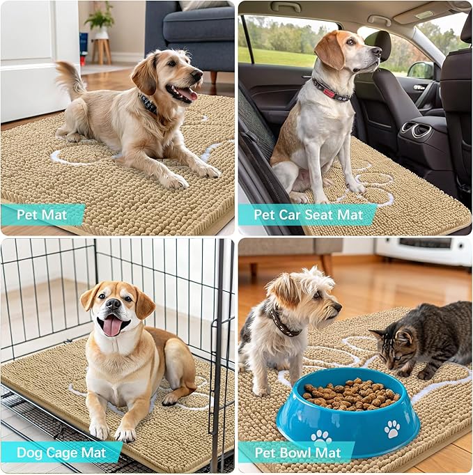 OLANLY Dog Door Mat for Muddy Paws 70x46, Paw Print Design, Absorbs Moisture and Dirt, Absorbent Non-Slip Washable Doormat, Quick Dry Chenille Mud Mat for Dogs, Entry Indoor Entryway Carpet, Beige