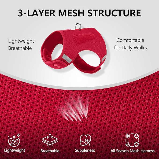 Dog Harness for Puppy – Adjustable Reflective Easy Put On Soft Mesh Vest for Small Dogs with 2 Patches (Burgundy Red,XS)