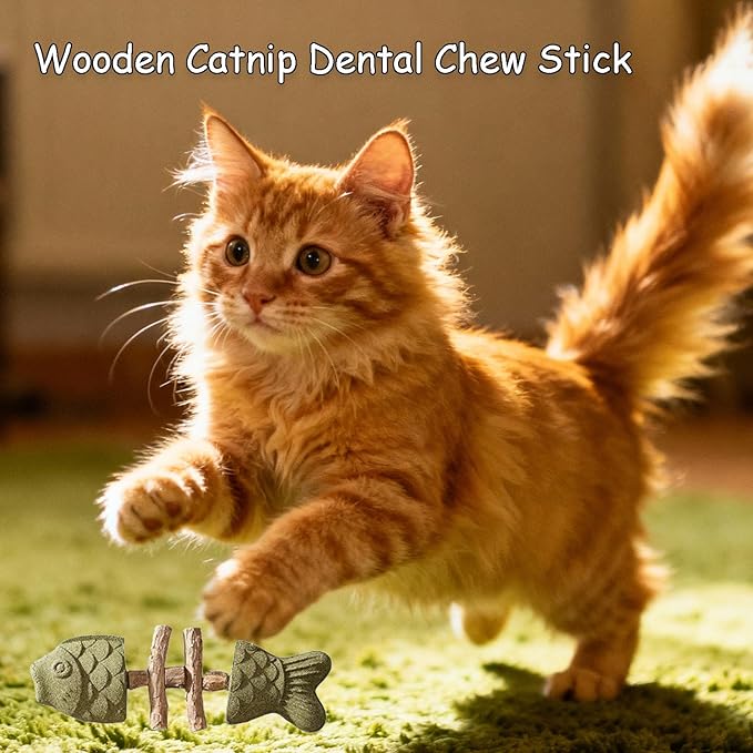 Purrident Natural Dental Chew Toy for Cats - Fishbone Shape with Catnip & Silvervine, Teeth Cleaning Stick for Interactive Play & Kitten Health Comes with 3 Cat Teething Sticks (D*3Pcs)