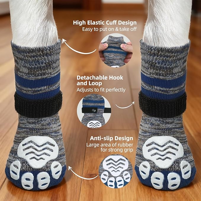 PUPTECK Anti-Slip Dog Socks with Double Sides Grips Booties, Traction on Hardwood Floors to Prevent Licking Paws, Dog Shoes for Cold Hot Pavement, for Medium Large Senior Dogs, Navy Blue L