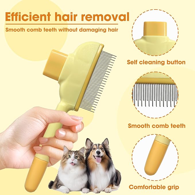 Cat Hair Brush & Dog Brush, Deshedding Brush for Long or Short Haired Pets, Removes Loose Fur, Durable Stainless Steel & ABS Design (yellow)