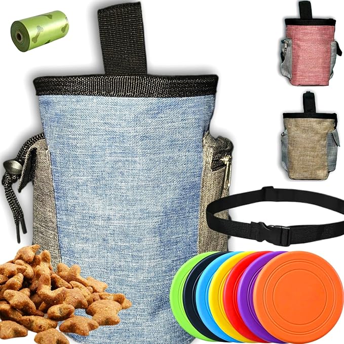 4-in-1 Dog Treat Pouch-3-Way Waterproof Cationic Linen Bag with Side Pockets & Compact Design Holds 3 Cups for Outdoor/Hiking with Poop Bag, Adjustable Belt & Silicone Flying Disc (Blue)