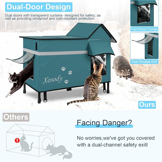 Heated Cat House for Outside Cats- 100% Weatherproof Insulated Outdoor Cat House with Heating Pad, Elevated Base & Safe Escape Door, Warm Kitty Shelter for Feral or Stray Cats in Winter