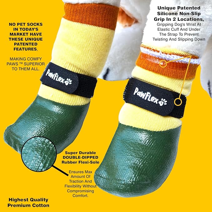 PawFlex Double Dipped Waterproof Dog Socks Comfy Pawz Soft Indoor/Outdoor Dog Booties with Rubberized Bottom| Non-Slip Silicone Grip at Inner Cuff for No Twisting or Sliding Off| Adjustable Strap