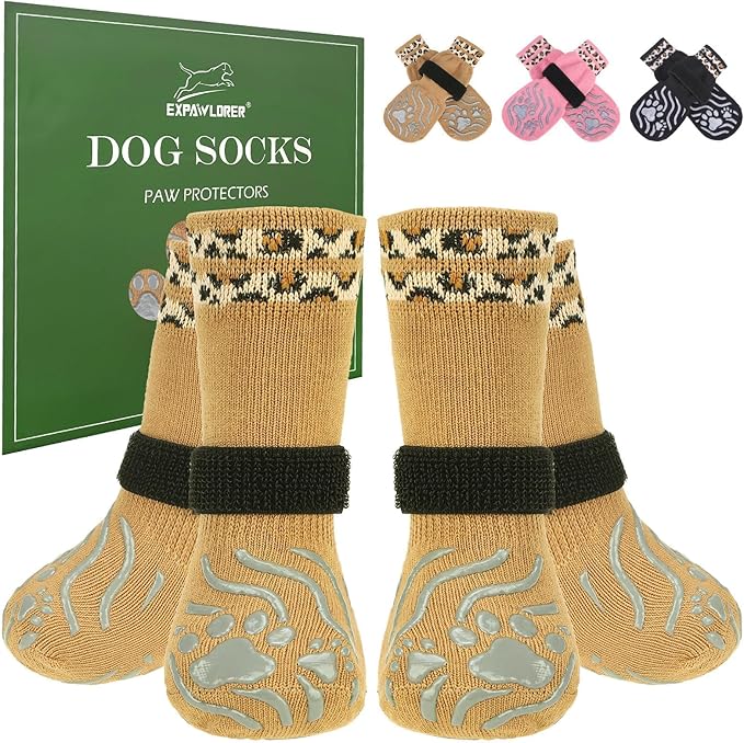 EXPAWLORER Dog Socks for Cold Winter Snow to Prevent Licking Paws, Anti Slip Doggie Grippy Booties Shoes for Hardwood Floors, Boots & Paw Protectors for Small Medium Large Senior Dogs Khaki M