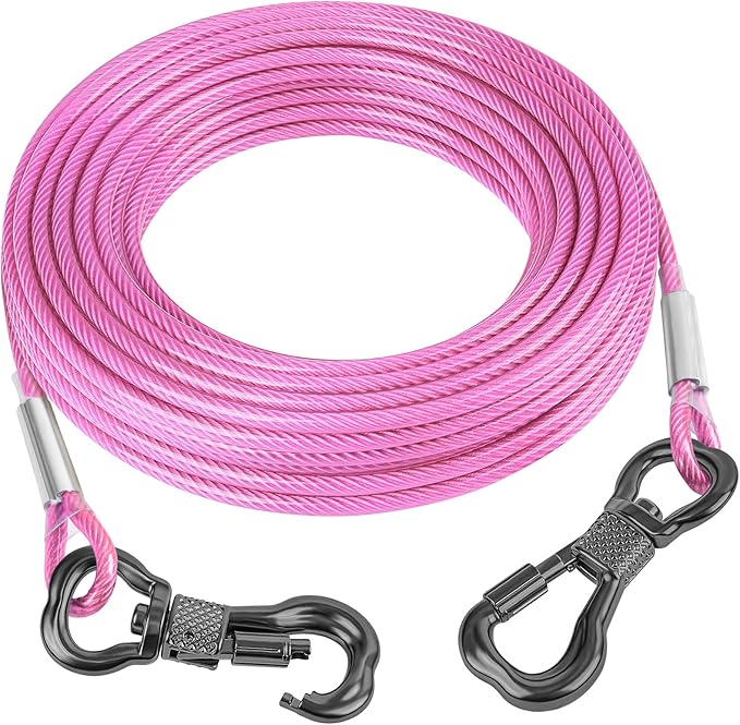 Tresbro 50FT Reflective Tie Out Cable for Dogs Up to 250 Pounds, Steel Wire Lead Leash Cable with Stainless Rotatable Buckle, Lightweight and Enduring, Dog Chains Outside for Outdoor, Yard, Pink