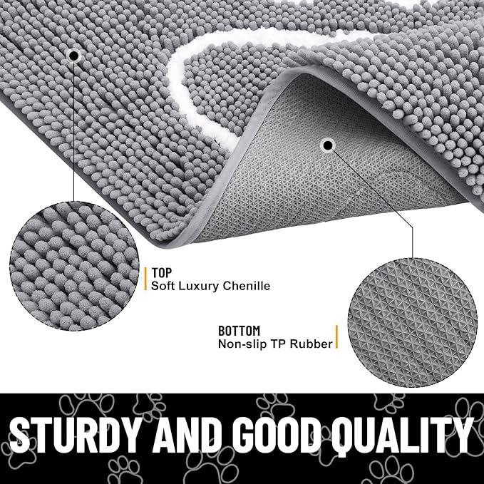 Smiry Dog Door Mat for Muddy Paws, Absorbent Dirt Trapper Non Slip Quick Dry Washable Chenille Mat for Mud Dogs, Entry Rug for Indoor and Outdoor (40x32 Inches, Grey and White)
