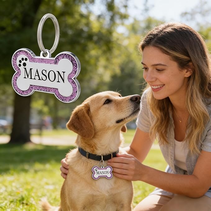 Personalized Dog Tags - Stainless Steel Deep Engraved Glitter Bone Shape Pet ID Tag, Double Sided Custom Text, Lightweight Durable Cat Dog Name Tag (Purple, S)