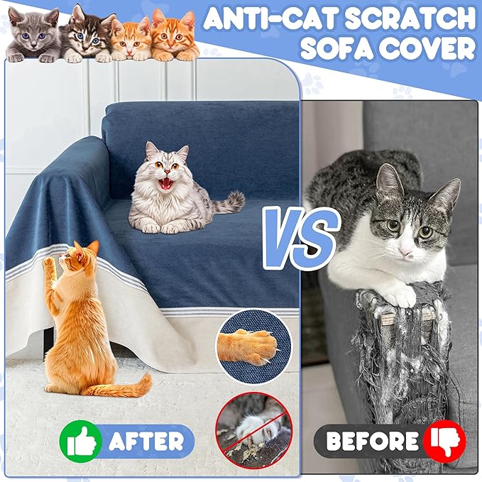 Cat Scratch Furniture Protector - Anti-Slip, Waterproof Sofa Cover to Keep Cats Off, Pet-Friendly Couch Protectors for 3 Cushion Couch, Anti-Scratch Couch Cover for Pets and Kids 150"X91"Navy Blue