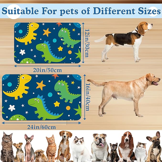 Cartoon Dino Pet Feeding Mat–Christmas Stocking Quick Dry Absorbent Dog Cat Food Mat, Non Slip Waterproof Bowl Placemat for Messy Eaters, Pet Accessories for Floors 16"x24"