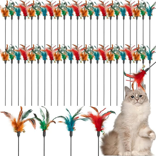 Leitee 50 Pcs Cat Wand Toy Feather Stick Cat Toy Feather Toys and Teaser Wand Bulk Interactive Stick for Indoor