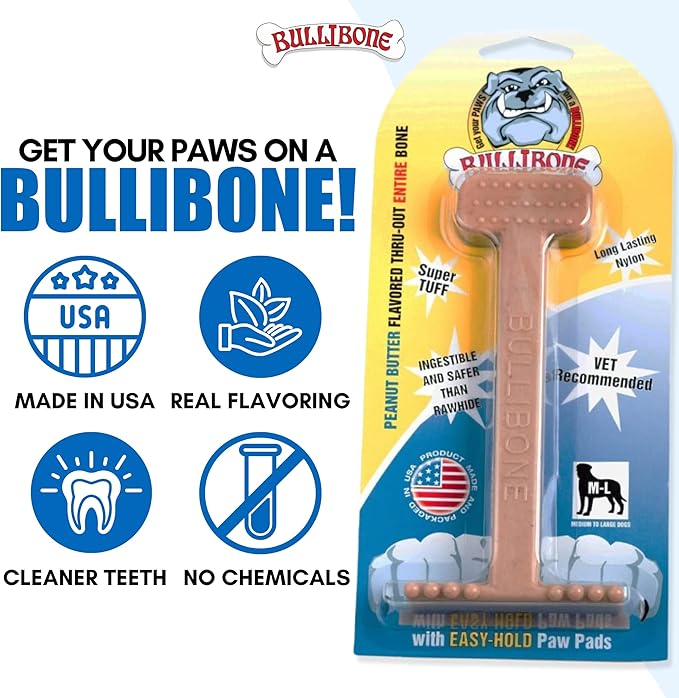Bullibone Nylon Dog Chew Toy for Aggressive Chewers - Dental Hygiene Bone with Peanut Butter Flavor, Durable Tough Chew Toys for Large Dogs, Indestructible Dog Bone - 3 Pack