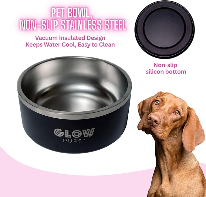 Glow Pups 64 oz Black Anti-Skid Dog Bowl, Vacuum Insulated, Powder Coated, Stainless Steel, Non-Slip, Easy to Clean