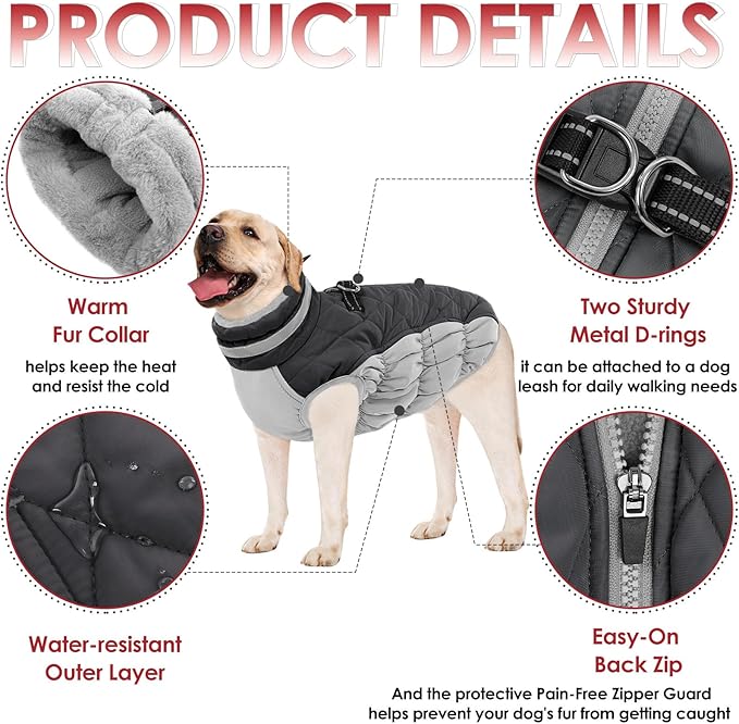 AOFITEE Dog Coat, Warm Dog Jackets for Large Dogs, Reflective Turtleneck Dogs Winter Coat with Harness Built in, Waterproof Windproof Pet Snow Jacket Fleece Vest for Cold Weather, Grey XXL