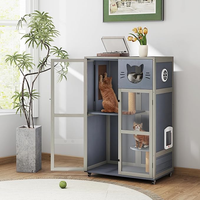 Large Wooden Cat House on Wheels, Indoor Cat Villa with Condo, Multi Platforms, Scratchers, Vent, Litter Box Area, Clear Doors, Cat Cage Enclosure for Kittens & Adult Cats (Gray)