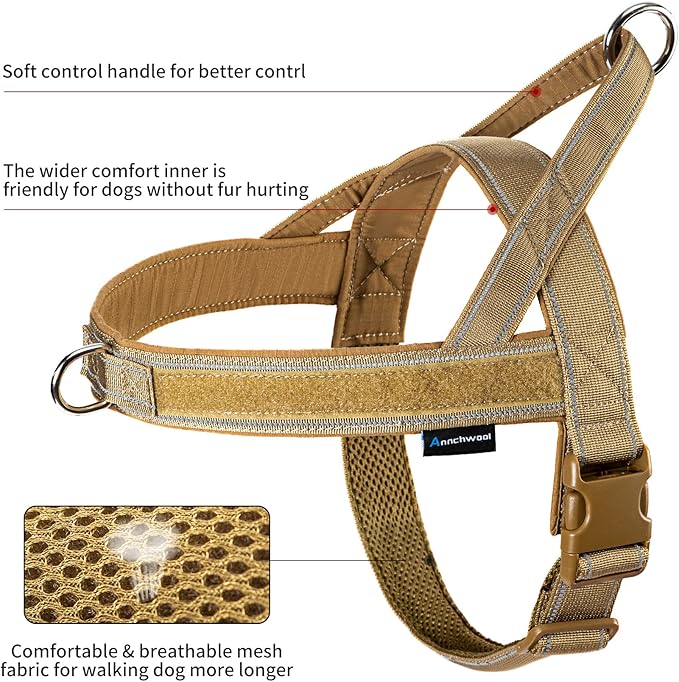 Annchwool No Pull Dog Harness with Padded Handle+5 Ft Leash,Reflective Strip Escape Proof and Quick Fit to Adjust Dog Harness,Easy for Training Walking for Small & Medium and Large Dogs(Brown-Set,S)
